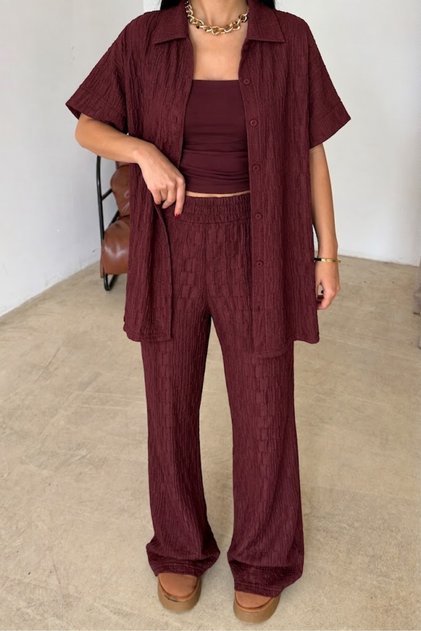 Textured Wrinkled Fabric Textured Women's Top and Bottom Shirt Pants Set