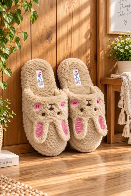 Rabbit with Ears Model Women's House Slippers - Warm and Fluffy Slippers with Noiseless Soles
