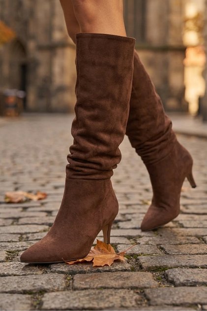 Bitter Brown Suede Bellows Thin Short Heeled Calf-Length Boots