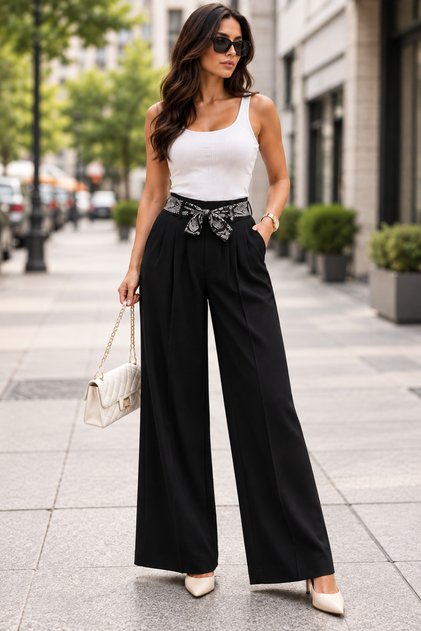 Women's Black Fabric Palazzo Fabric Trousers with Scarf High Waist Lycra Wide Leg Comfortable Fit Women's Trousers