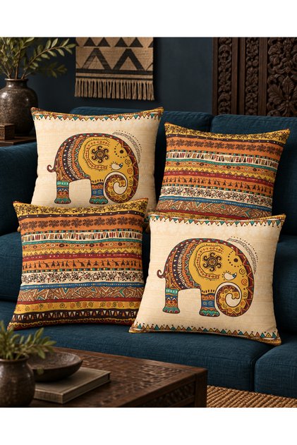 African Ethnic Elephant Patterned Cream Floor Digital Printed 4-Piece Gift Sofa Cushion Pillowcase Set