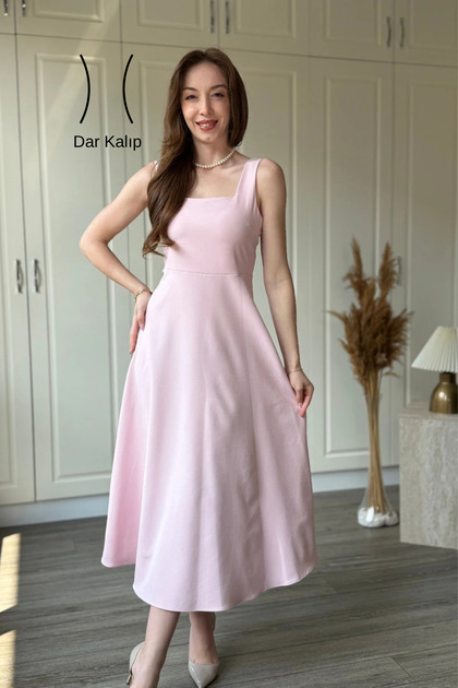 Elegant Square Neck Midi Flared Pink Dress with Straps