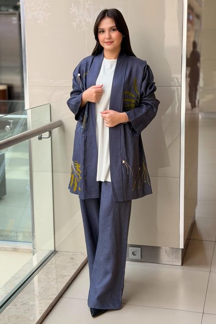 Crochet Knitwear Suzane and Digital Print Piece Set of Linen 3-Piece Sets