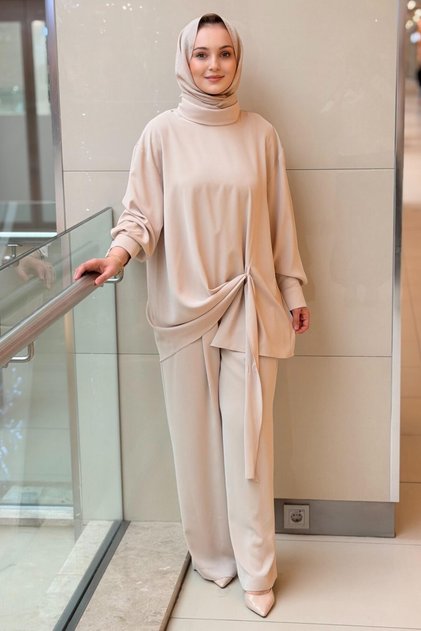 High Collar Asymmetrical Cut Tunic Trouser Set