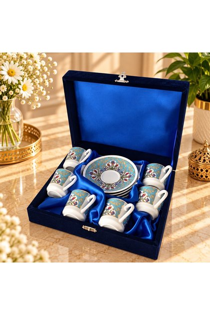 Turquoise Model Gilded Six-Piece Porcelain Cup Set with Velvet Box