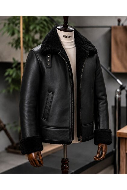 Men's Black Fur Lined Zippered Genuine Leather Coat Jacket