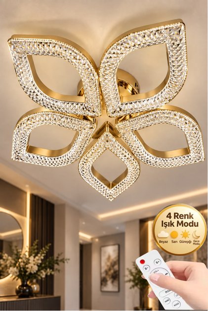 Flora Model Gold 5"li Ledli 3 Renk Modu Kristal Salon Mutfak Yatak Çocuk Odası Avize