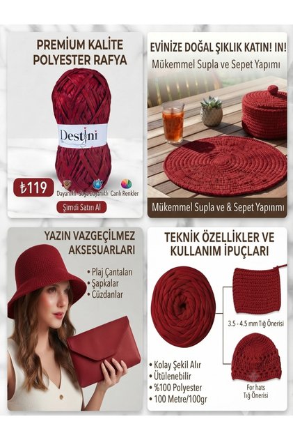 Soft Rafya ip, Polyester Rafya ip Bodrum Rafya, Hobi ipi 100gr 100 mt Bordo