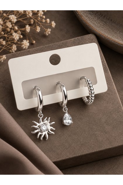 Brass Zircon Stone Sun Model Silver Color 3-Piece Double Women's Earring Set