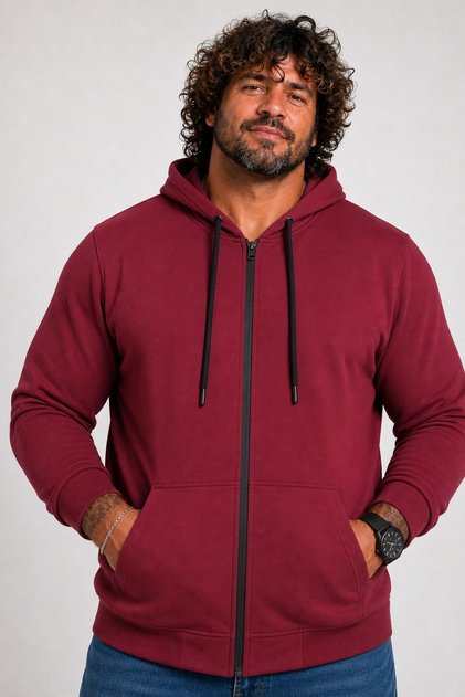Large Size Basic Seasonal Zippered Hooded Sweat 22751 Claret Red