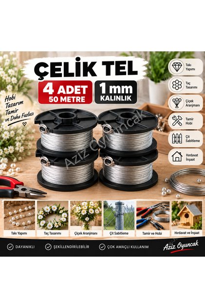 🧵 4 Adet 1 mm Çelik Tel 50 Metre – Takı Taç Çiçek Hobi Tamir Çit Hırdavat