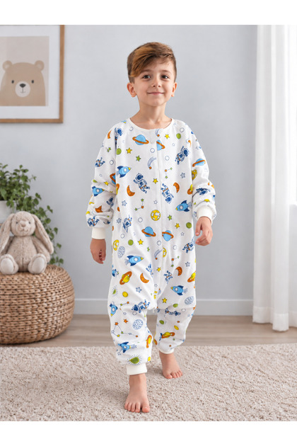 Uzun Kollu Unisex Kışlık Çocuk Uyku Tulumu %100 Pamuk Uzay Desenli 20-24 Derece 1 Tog Terletmez