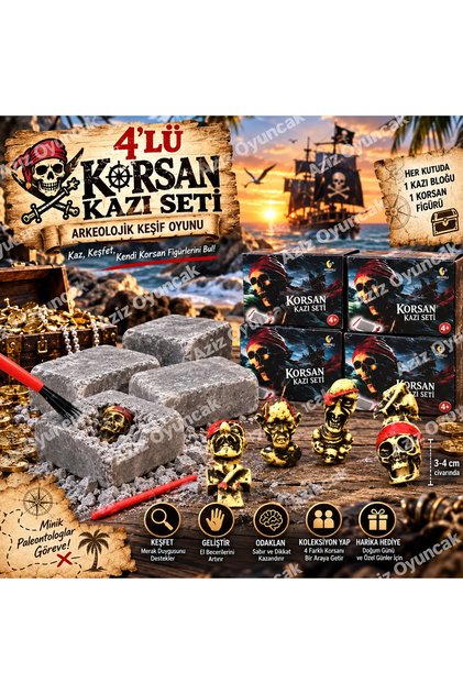 🏴‍☠️ 4’lü Korsan Kazı Seti Arkeolojik Kazı Oyunu Karayip Korsanları Temalı Korsan Figürleri Keşif Macera Oyuncağı