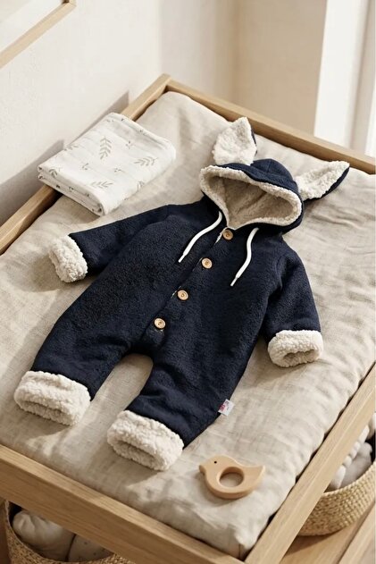 Rabbit Figured Buttoned Buttoned Welsoft Lined Baby Girl and Boy Winter Jumpsuit