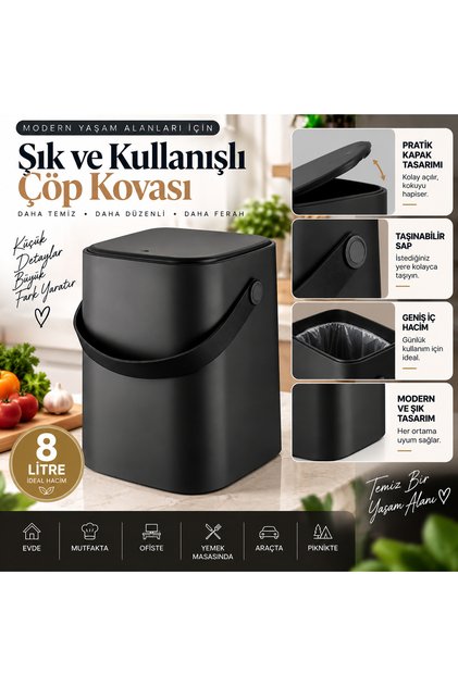8 Lt Click Kapaklı Tutma Saplı Iç Kovalı Tezgah Üst Mutfak Çöp Kovası - Siyah (büyük Boy)