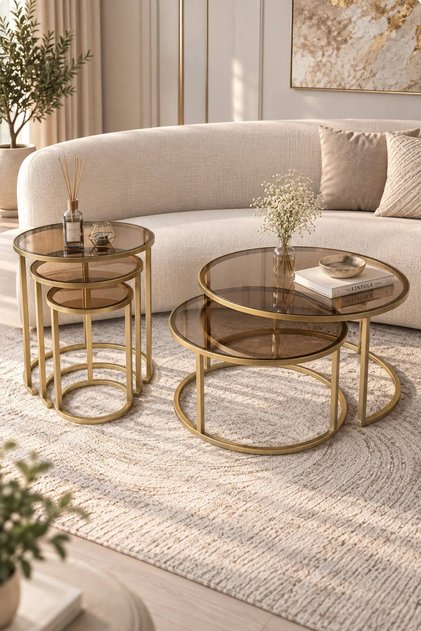 Milas Orta Ve Zigon Sehpa Seti Mat Gold (GOLD ESKİTME) Metal - Temperli Bronz Cam