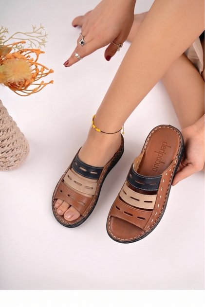 Genuine Leather Tan Women's Leather Slippers Dp16-0302