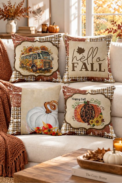 Velvet Texture Autumn and Halloween Special Pumpkin Patterned 4-Piece Throw Pillow Set