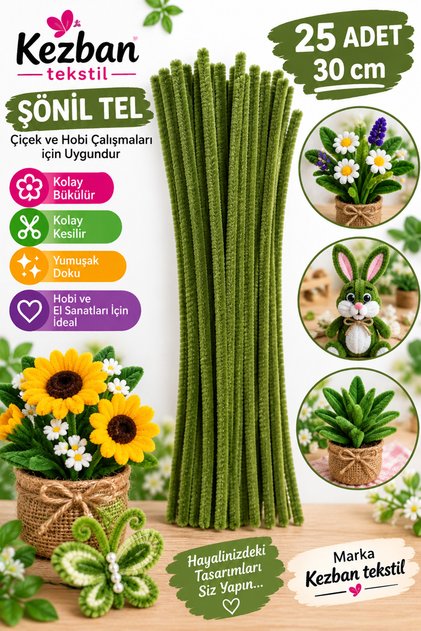 HAKİ YEŞİL Şönil 1.Cİ Kalite Dekoratif Tüylü Tel 30 CM- 25 ADET