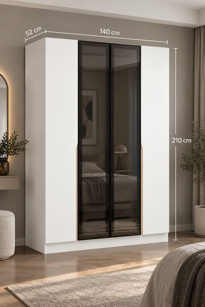 Alin 2 Gizli Çekmeceli 4 Kapaklı Beyaz Dolap (2 Reflekte Cam, 2 Beyaz Kapaklı)
