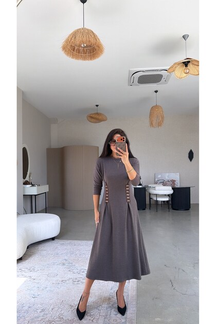 Brown Accessory Detailed Knitwear Dress