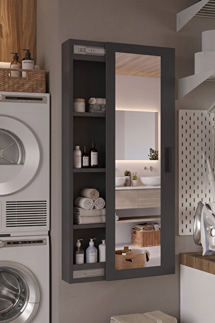 Luna 4 Raflı Sürgülü Aynalı Banyo Dolabı Çok Amaçlı Dolap Antrasit LUN1-AN