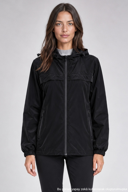 Women's Black Hooded Nova Fabric Lightweight and Durable Stylish Seasonal Water and Windproof Raincoat