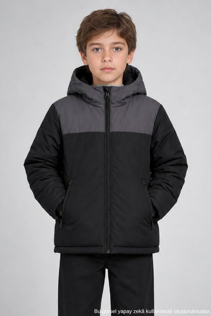 Boys' Black Antra Hooded Water and Wind Resistant Winter Puffer Coat