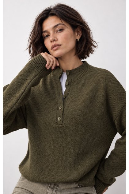Khaki Buttoned Special Yarn Knit Sweater