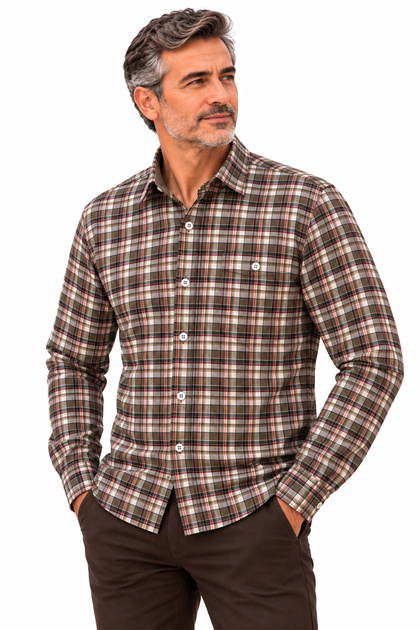 Men's Plaid Shirt Relaxed Fit 4 Seasons Single Pocket Buttoned Collar Cotton Shirt