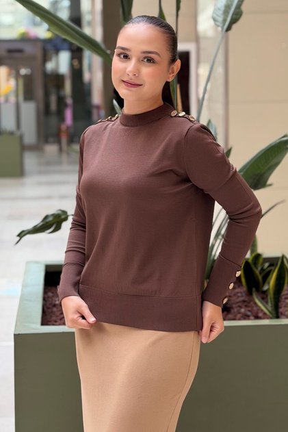 Mercerized Sweater with Gold Button Detail on the Shoulder and Cuff