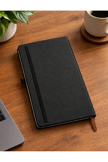 Black Hard Cover Notepad 20X13 cm 81 Sheets Lined Notebook with Elastic Pen Holder