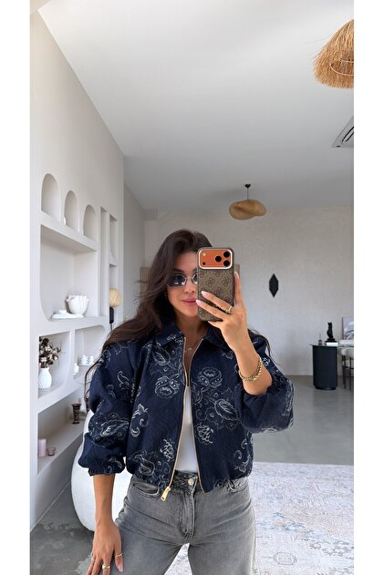Navy Blue Floral Patterned Bomber Jacket