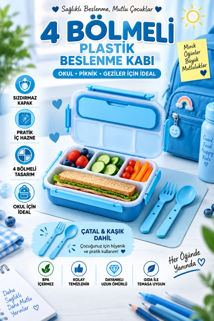 4-Compartment Children's Lunch Box / Nutrition Box with Leak-Proof Lid, Fork, and Spoon