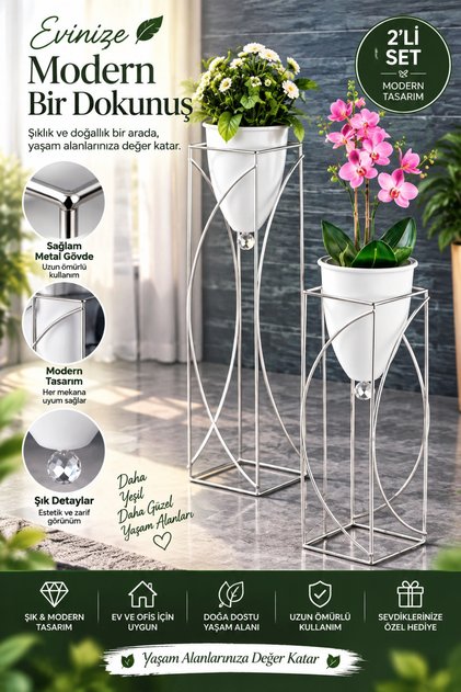 Dekoratif Şık Tasarım 2'li Metal Ayaklı Saksı Çiçeklik Yaylı Model