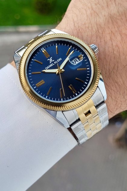 Dial in Navy Blue, Strap in Gold Gray Color, 41 Mm, 5 Atm, Calendar, Same as in the Image, Men's Wristwatch