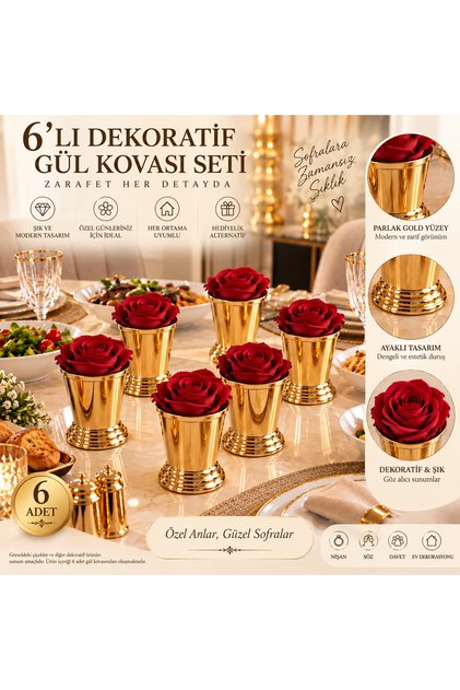6'li Gold Sunumluk Dekarasyon Ve Gül Kovasi (güllü)