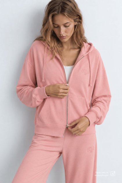Allura Pink Hooded Gofre Printed Soft-Textured Modal Fabric Loose Fit Women's Sweatshirt