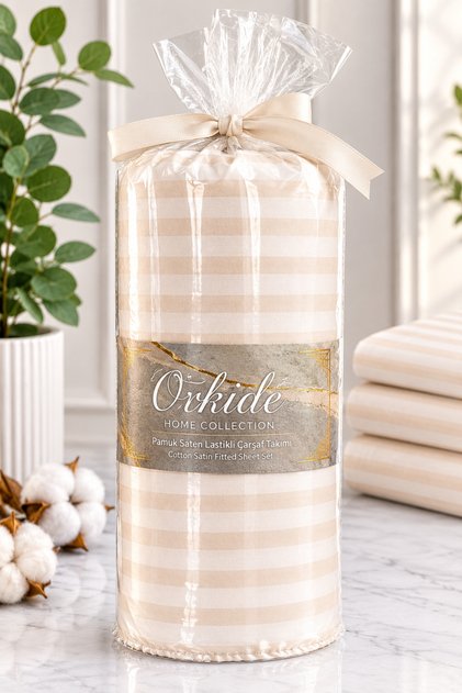 Double Elasticated Hotel Type Beige Color 93 Thread Cotton Satin Bed Sheet Set Rainbow Orkide Collection