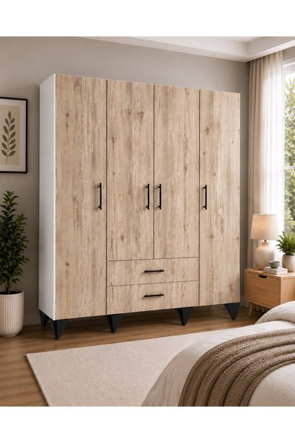 Luna 4 Kapak 2 Çekmeceli Gardırop 160x195x50 cm – Beyaz Çok Amaçlı Elbise Dolabı