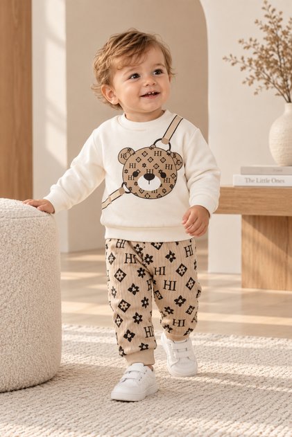 Bear Printed Patterned Baby Set – Set of 2 Sweatshirt + Pants