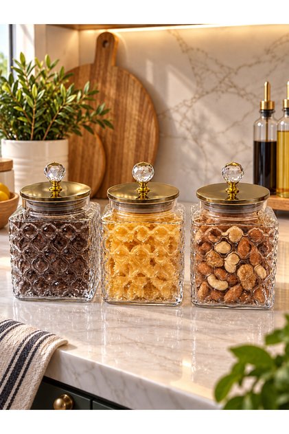 3 lü Cam Kare Kavanoz Seti Altın Metal Vakumlu Kapak Elmas Kulp Üzüm Desen 3 X 800 ML