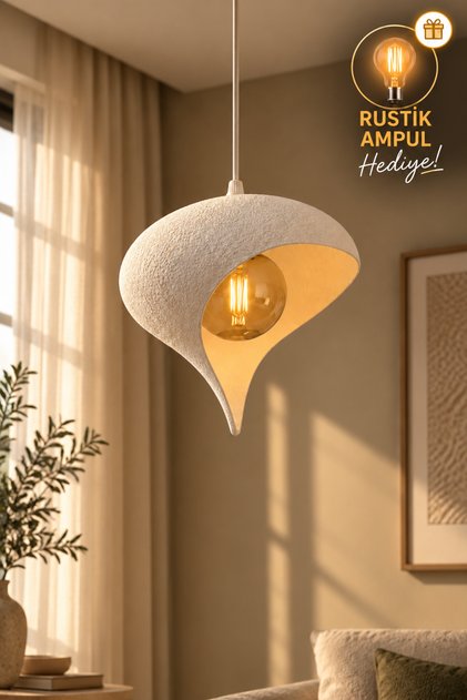 Beton Görünümlü Tekli Sarkıt Avize Beyaz Asimetrik Damla Modern Bohem E27 G95 Rustik LED Ampul Hediyeli