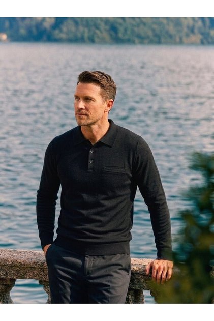 Men's Polo Collar Tricot Sweater with Elastic Waist, Steel Knitting, Classic Fit