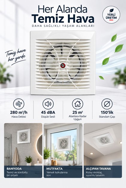 150'lik Fan | Havalandırma Fanı Aspiratör | Banyo, Mutfak, Ofis, Alçıpan, Cam ve Tavana Takılabilir Aspiratör | 120mm Fan