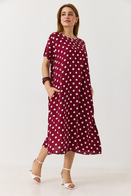 Burgundy Shirt Collar Short Sleeve Relaxed Fit Polka Dot Patterned Midi Dress