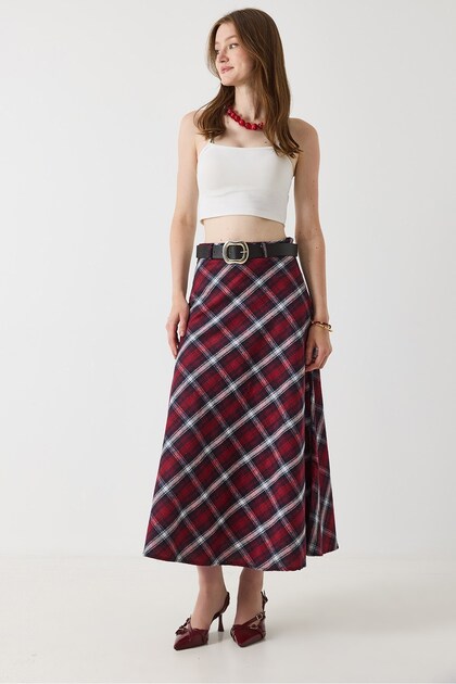 Red Cotton Woven Belted Skirt with Pockets and Side Zipper, Plaid Patterned Flared Skirt