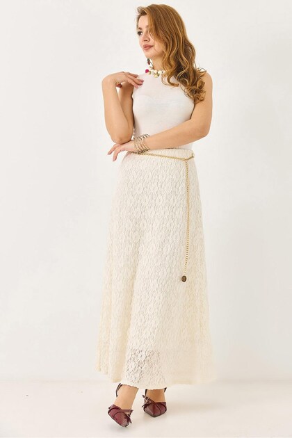 Cream Lace Knitted Fabric Regular Waist A-Line Belted Skirt Suitable for Daily Use