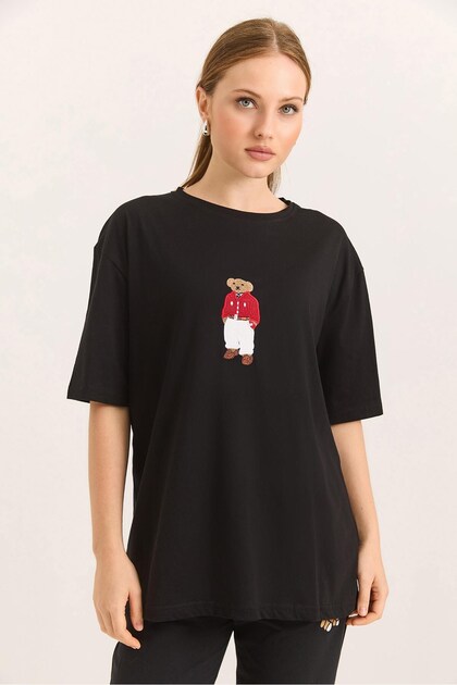 Black Crew Neck Short Sleeve Comfortable Fit Knitted Cotton T-Shirt with Teddy Bear Embroidery Detail
