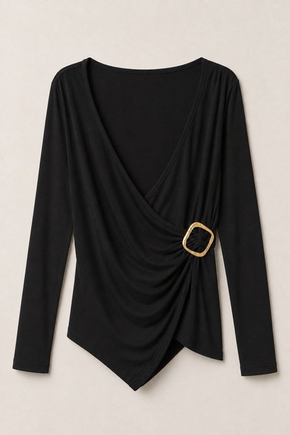 Black Stretchy Lycra Fabric V-Neck Long Sleeve Asymmetrical Cut Side Buckle Detailed Blouse